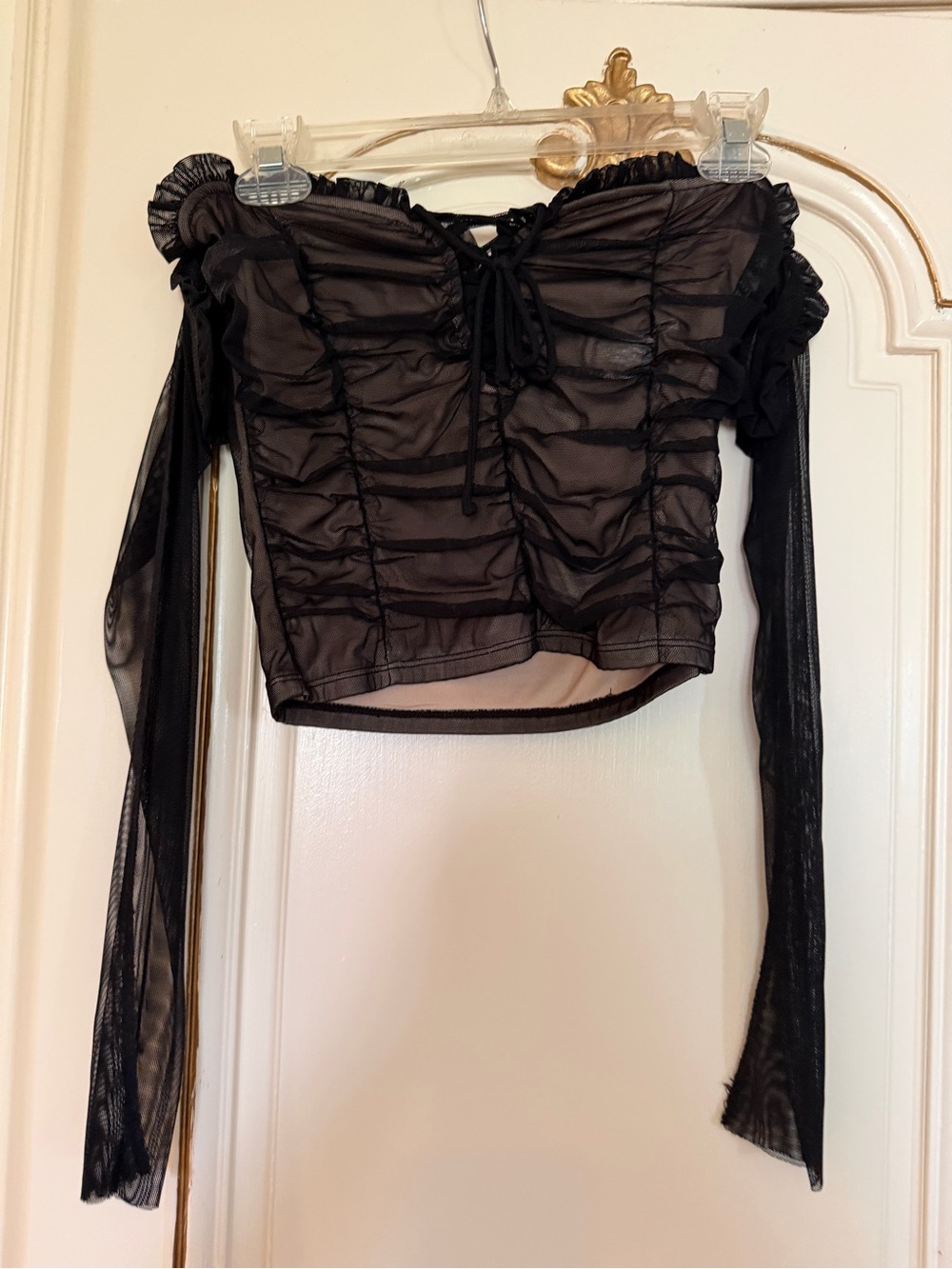 Ruched Off-Shoulder Black Mesh Crop Top size S